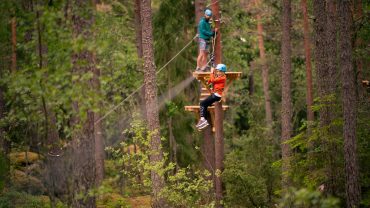 Barn åker en lång zipline genom skogen